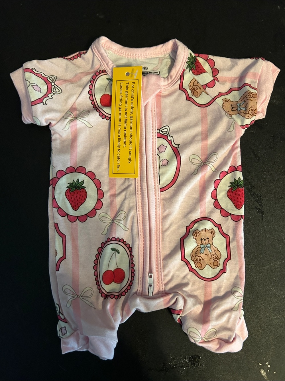 Bamboo Pink Strawberry & Bear Print Baby One-Piece Romper